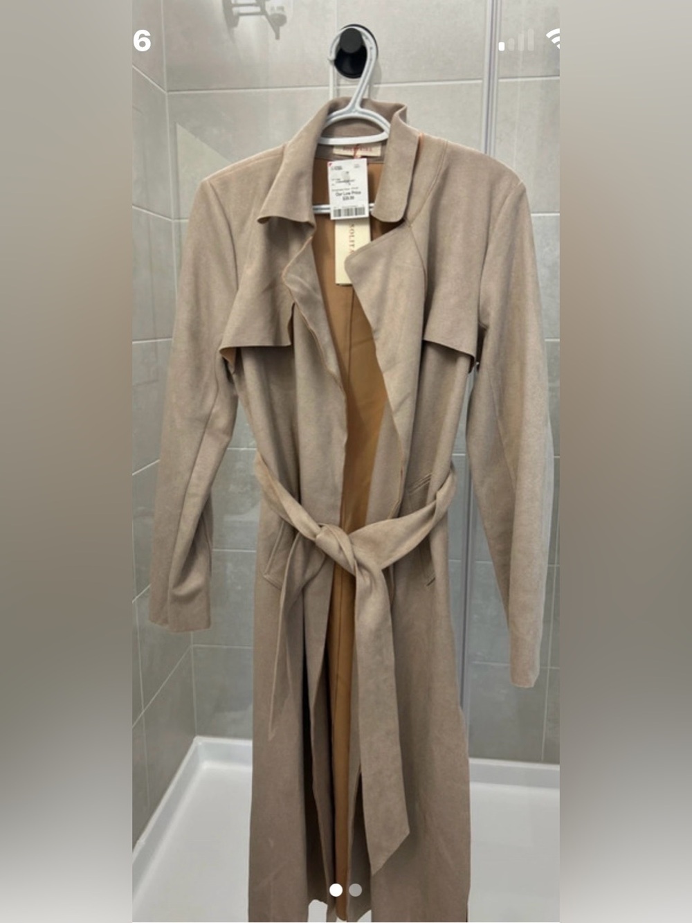 Suede-Feel Taupe Trench Coat with Belt